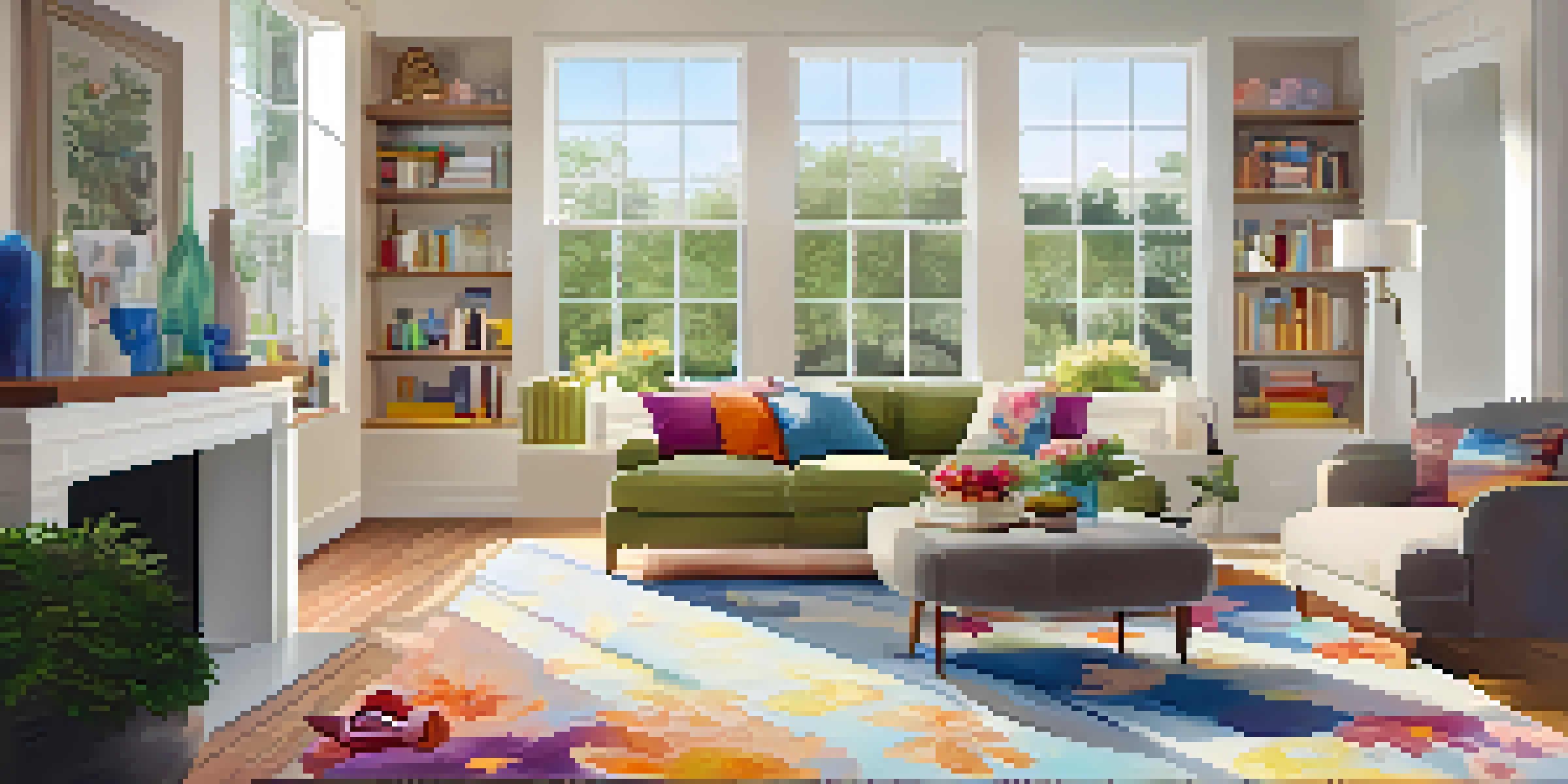 A sunlit living room that appears clean and organized, featuring a cozy couch and colorful pillows, with a view of flowers through the window.