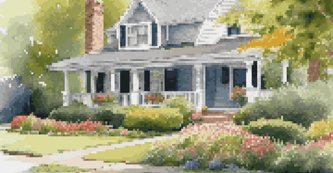 A suburban home with a manicured lawn, flower beds, and a pathway, illuminated by soft sunlight.