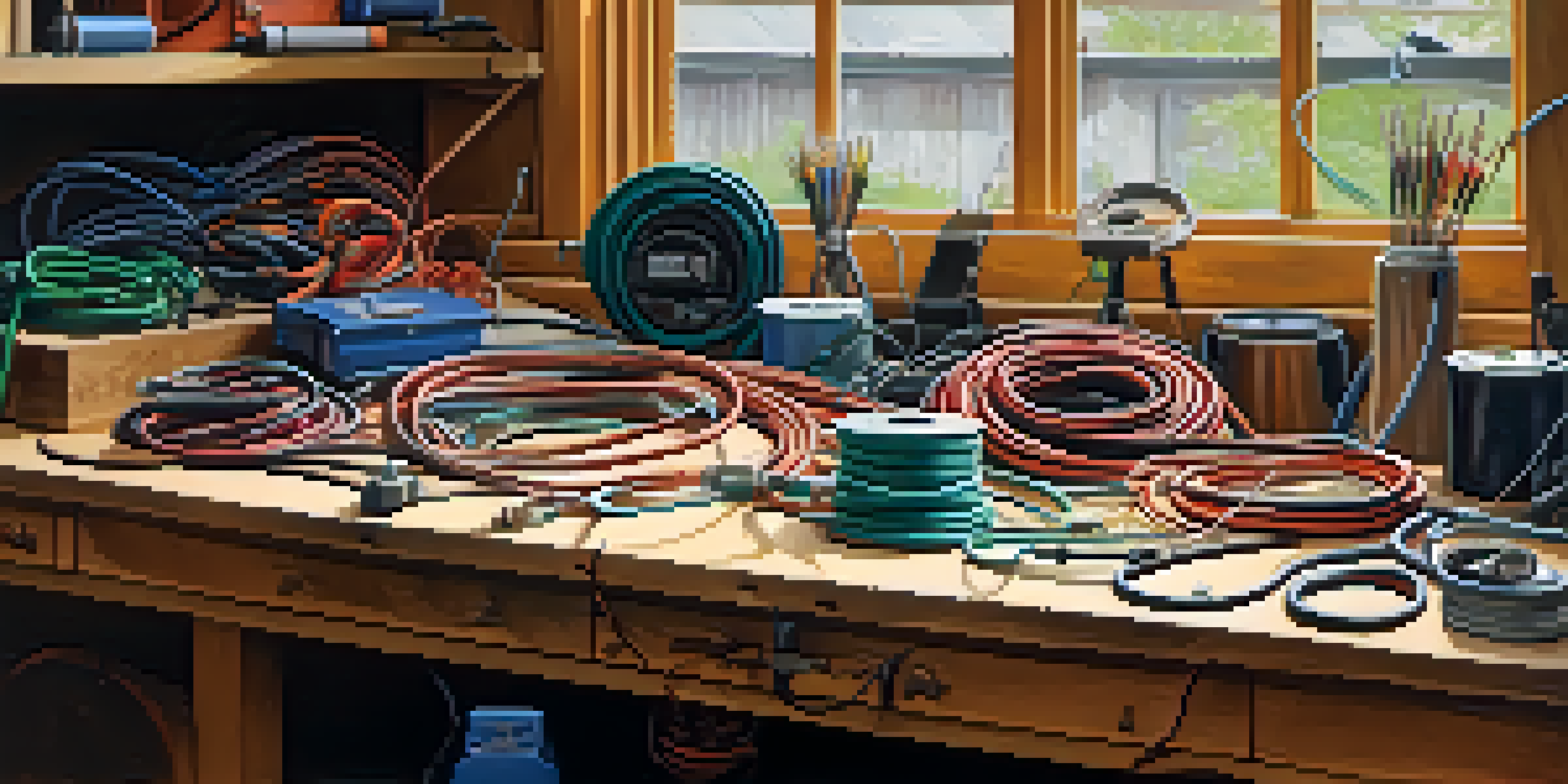 A close-up of a workshop with neatly coiled extension cords on a workbench and tools in the background, illuminated by natural light.