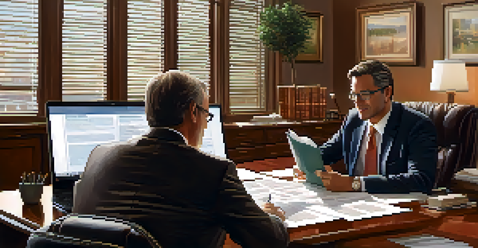 A tax advisor discussing tax forms with a real estate investor in an office.