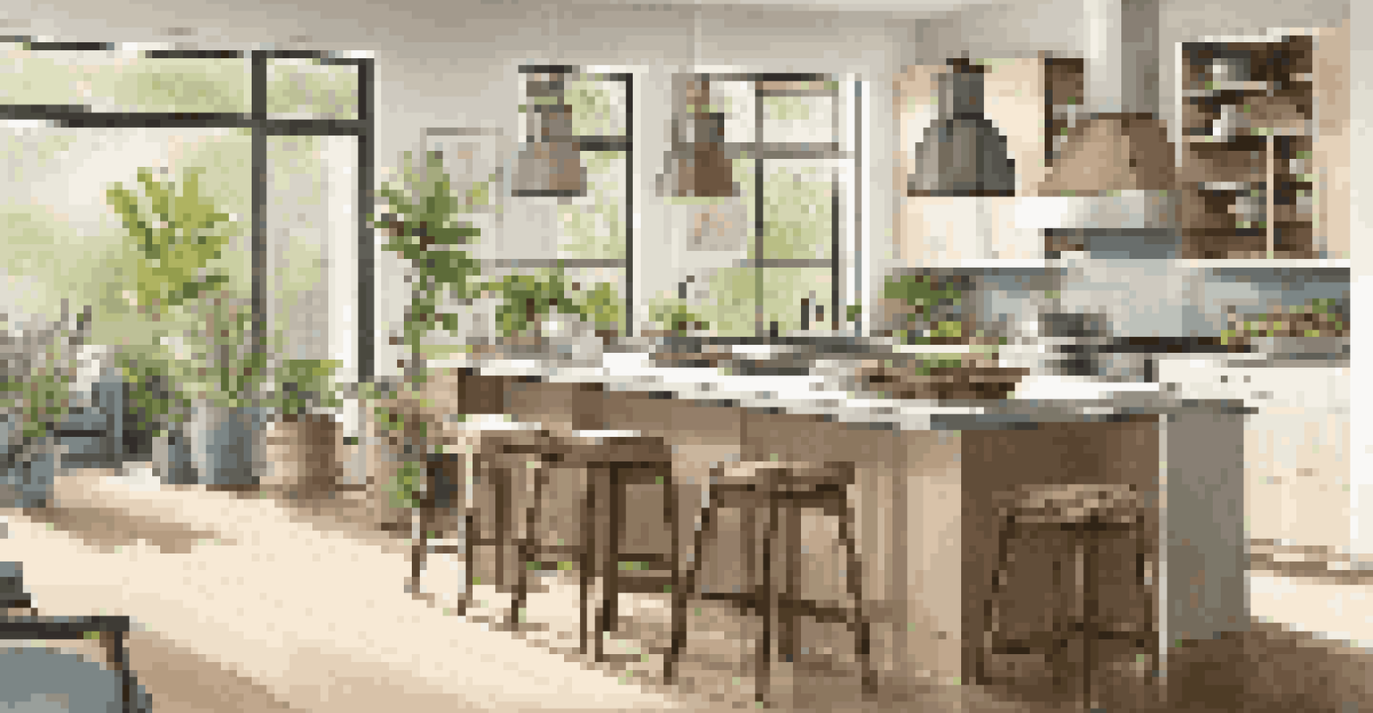 A modern kitchen in an open floor plan, emphasizing sustainable design with energy-efficient appliances, recycled materials, and natural light.