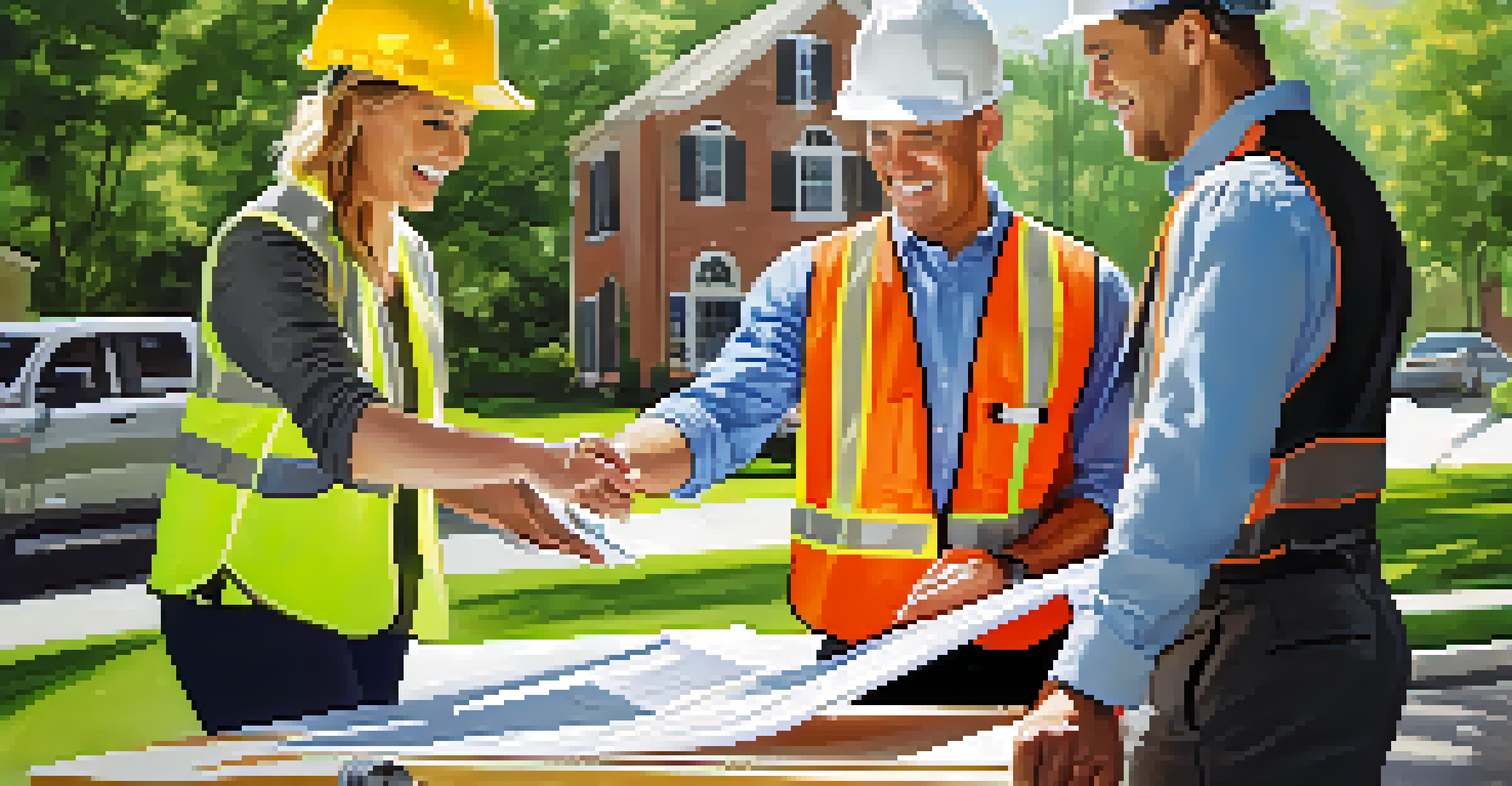 A contractor discussing plans with clients outdoors, surrounded by greenery.