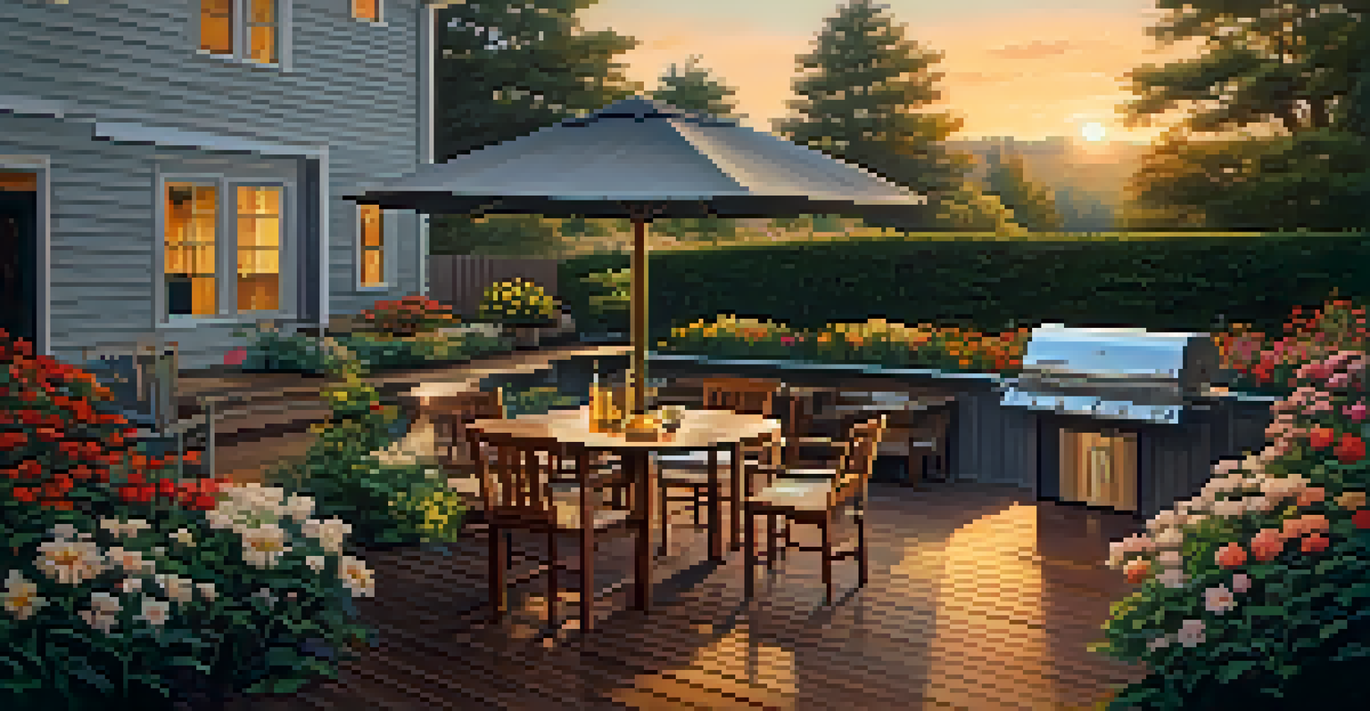 A peaceful backyard with a vibrant garden, wooden deck, and a sunset in the background.