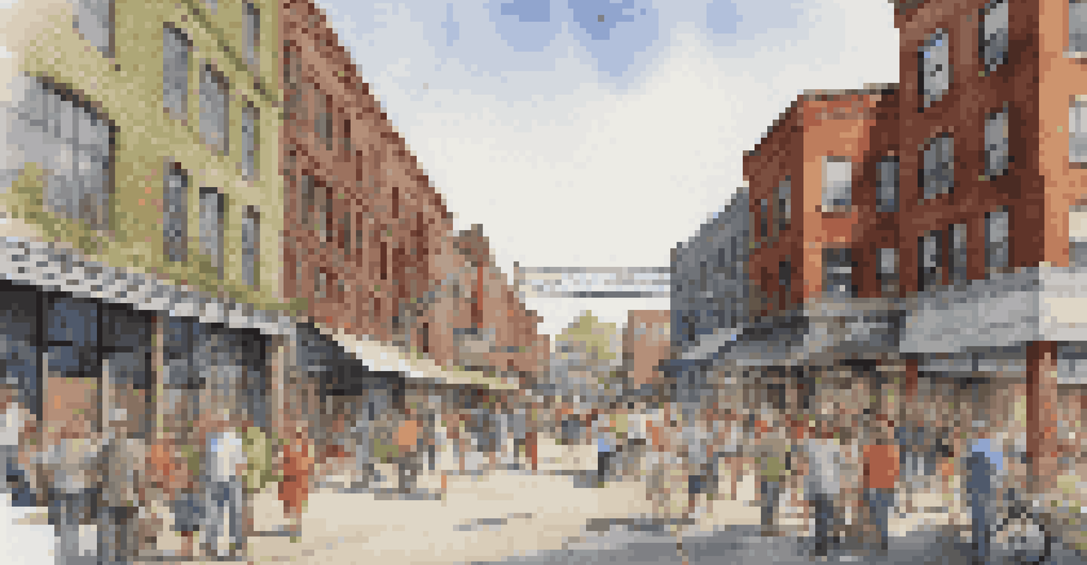 A comparison of a revitalized urban area, showing neglected warehouses on one side and a lively community on the other.