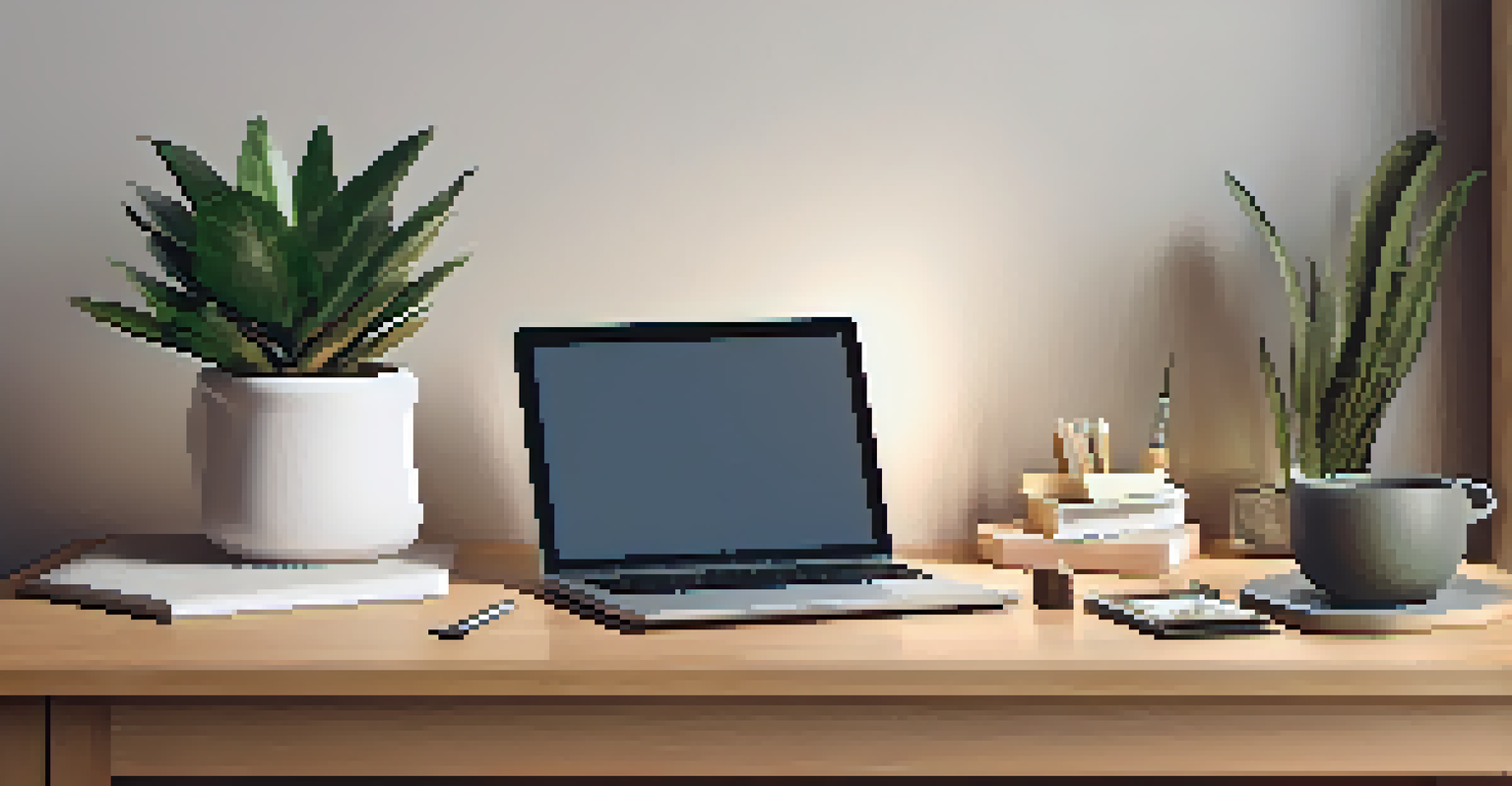 Close-up of a minimalist desk with a tablet, framed photo, and a mug, with warm lighting and a plant in the background.