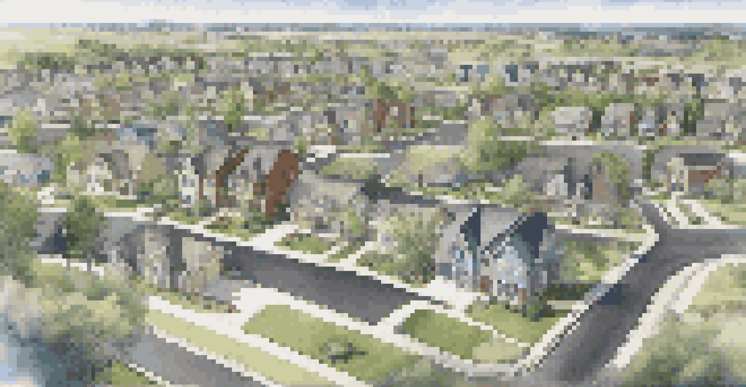 An aerial perspective of a suburban area in development, showing new homes, roads, and construction sites amidst greenery.