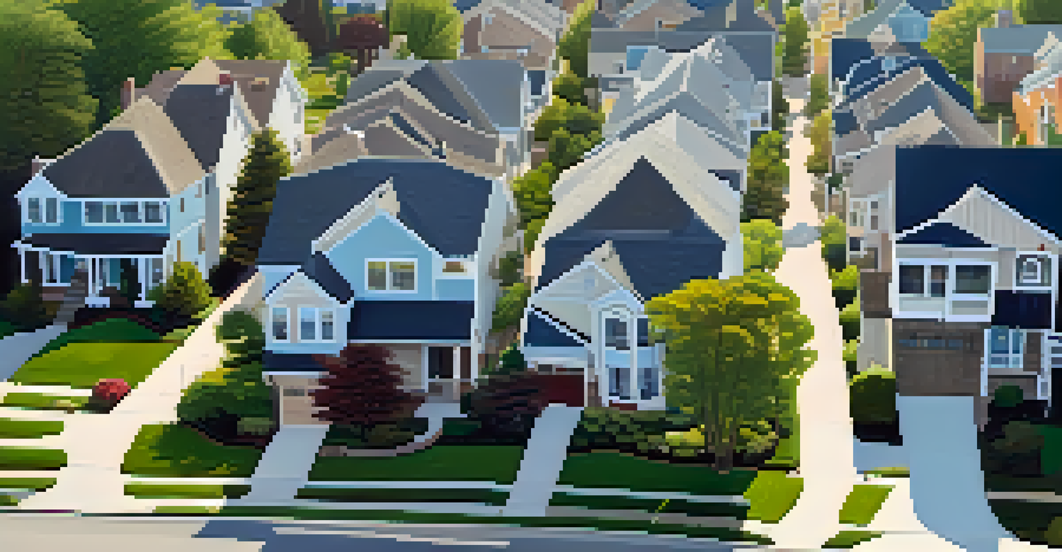 An aerial view of a suburban neighborhood with various homes and clear skies.