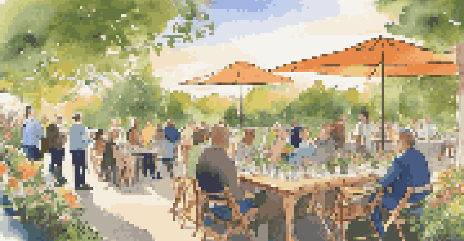 Investors networking in a beautiful garden setting, surrounded by flowers and greenery, during a sunset.