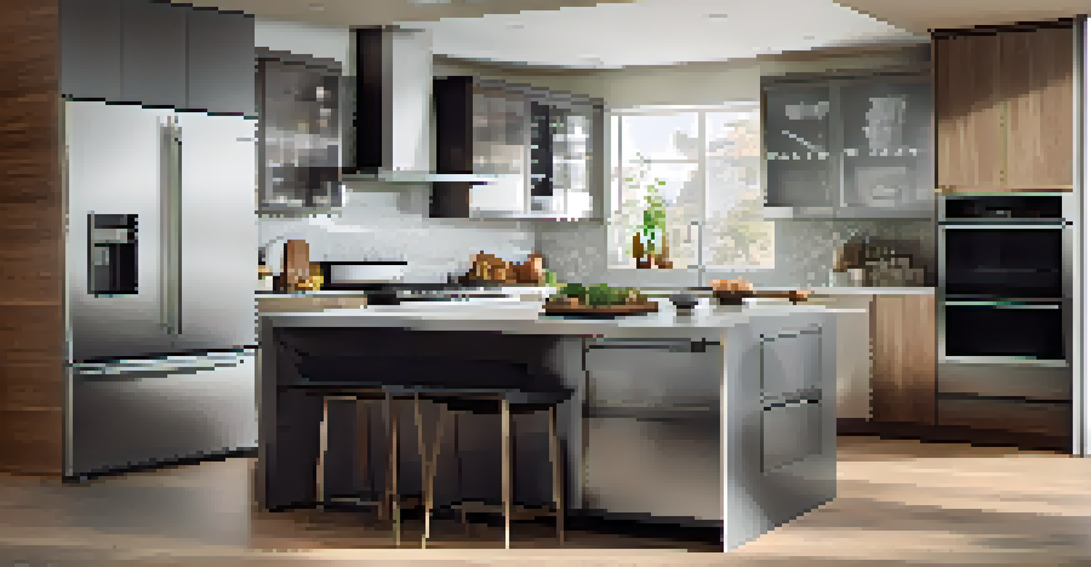 A modern kitchen showcasing smart appliances like a smart oven and refrigerator. The kitchen is designed with stainless steel finishes and bright sunlight coming through a window, emphasizing cleanliness and efficiency.