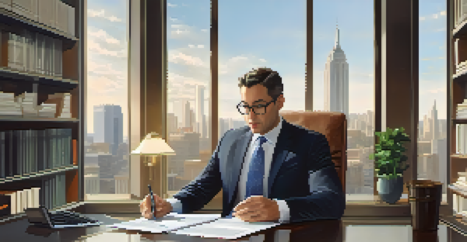 A real estate attorney reviewing property documents in a modern office setting with city views.