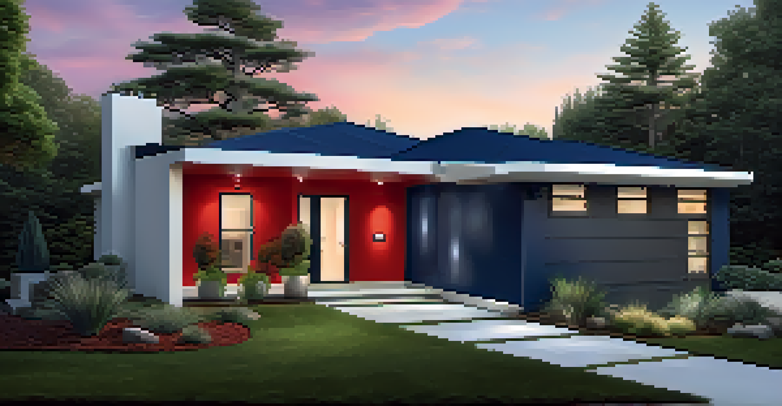 A modern house in deep blue with a bright red door, surrounded by minimalist greenery at twilight.