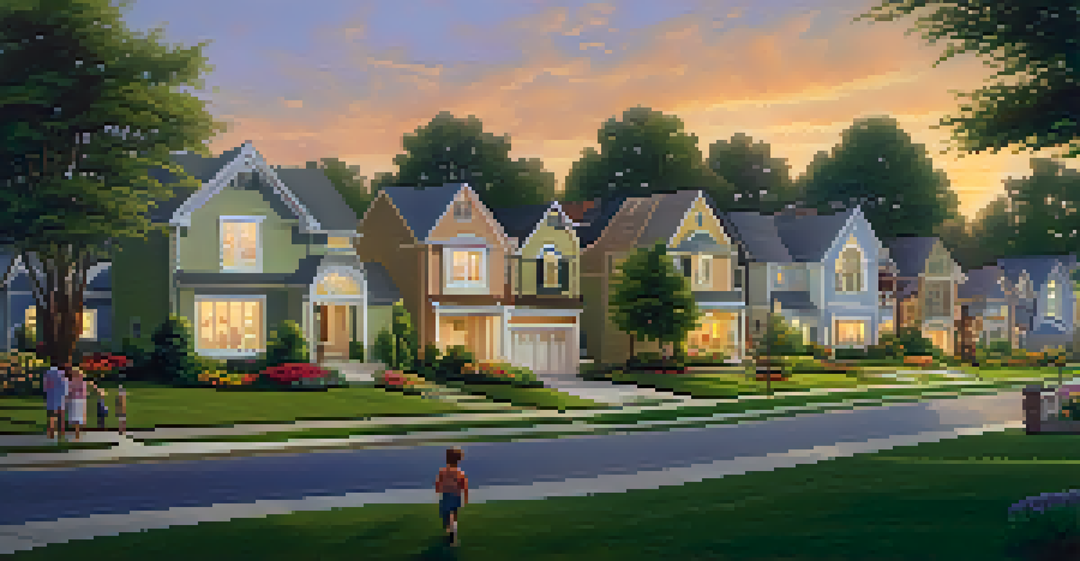 A peaceful suburban neighborhood with modern homes and a family enjoying their evening outside.