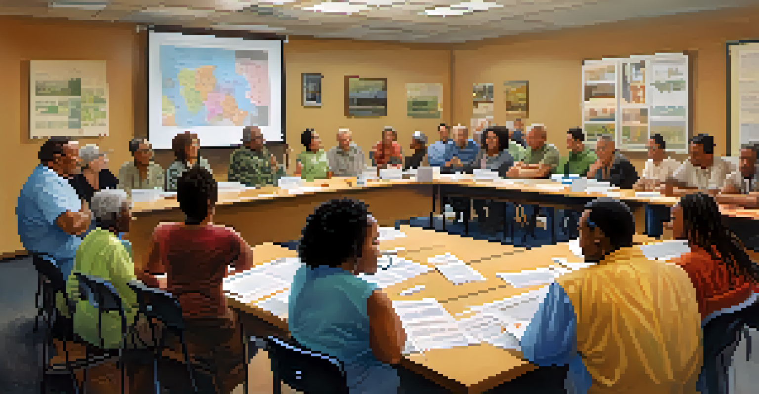 Residents gathered for an HOA meeting in a community center, discussing community matters around a large table.