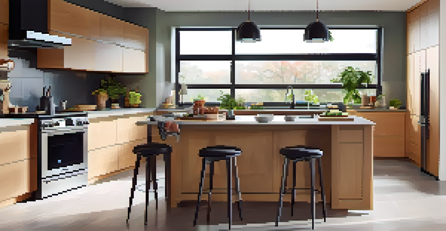 A modern kitchen featuring smart appliances and a bright, airy atmosphere.