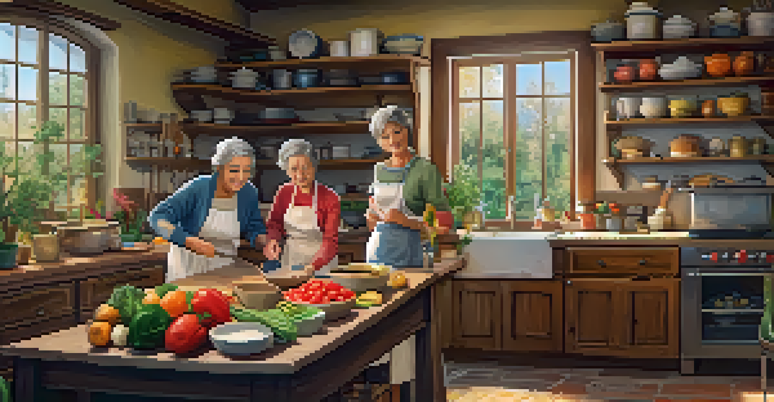 A family kitchen with a grandmother, mother, and daughter cooking together, surrounded by colorful ingredients and family cookbooks.