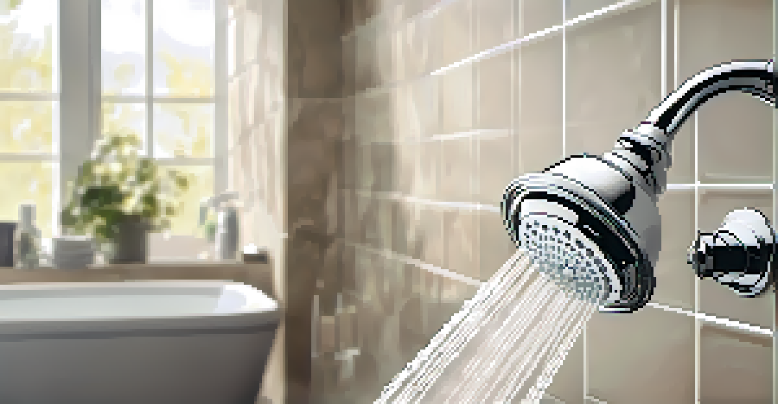 A detailed view of a low-flow showerhead with water droplets, set in an elegant bathroom.