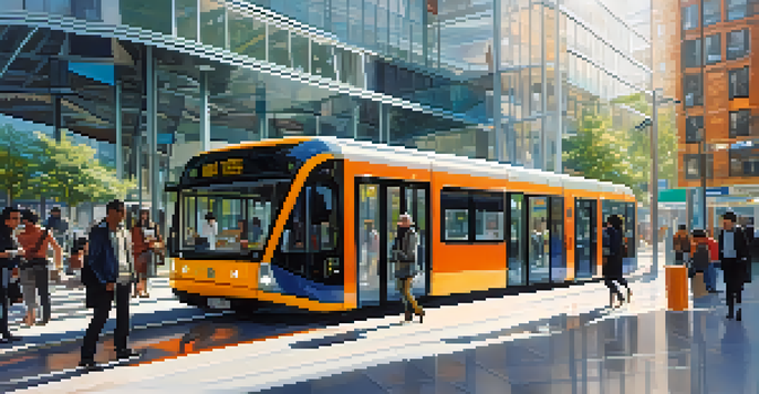 A lively urban transport hub with people waiting for buses and trains, modern architecture, advertisements, and greenery.