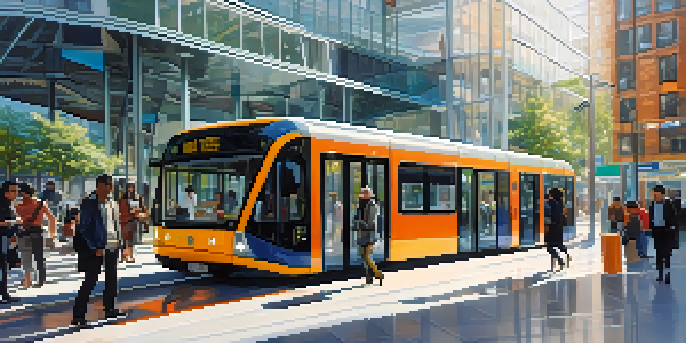 A lively urban transport hub with people waiting for buses and trains, modern architecture, advertisements, and greenery.