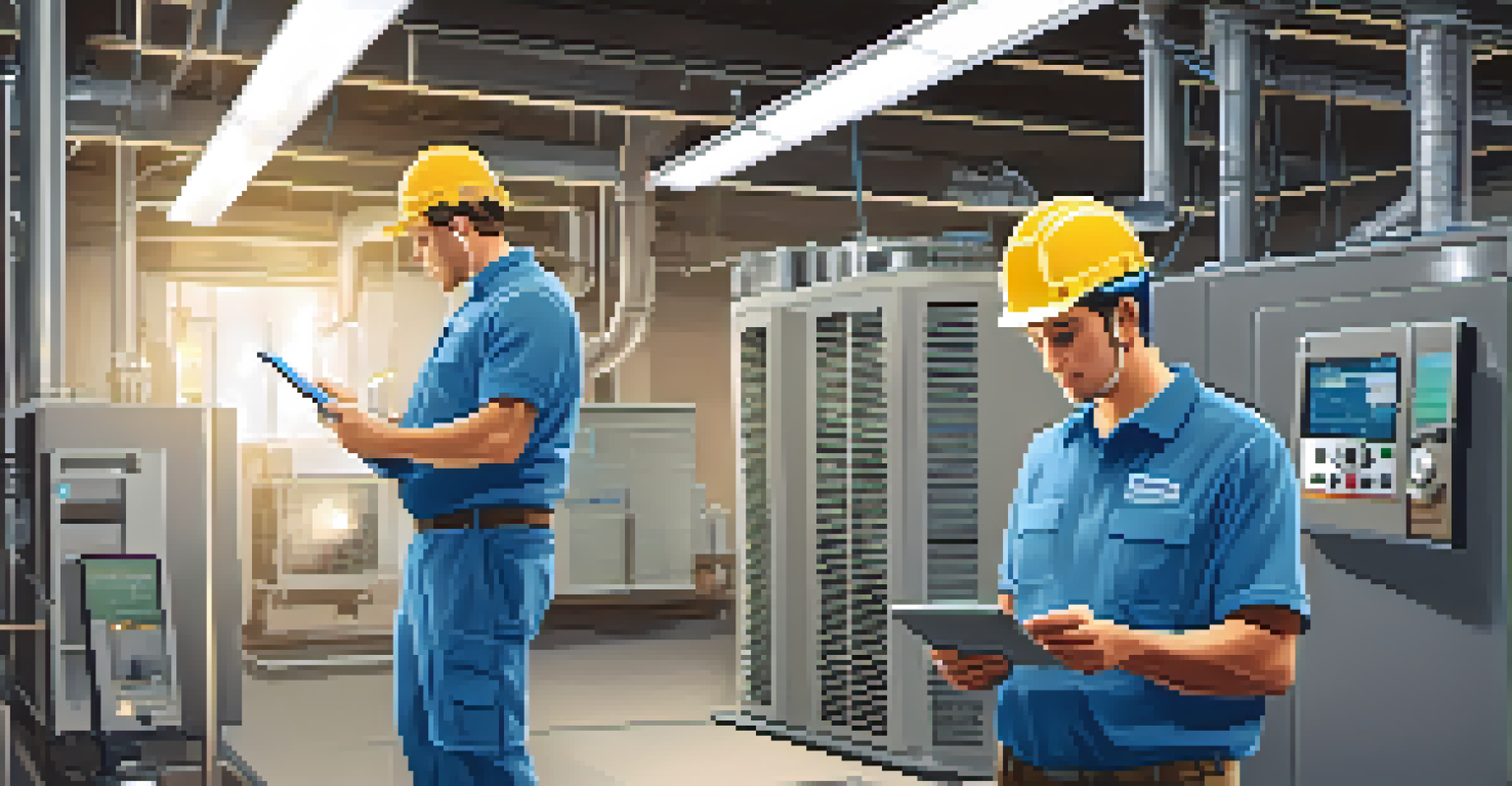 An HVAC technician conducting an energy audit on an older system in a commercial building, using a tablet for analysis.