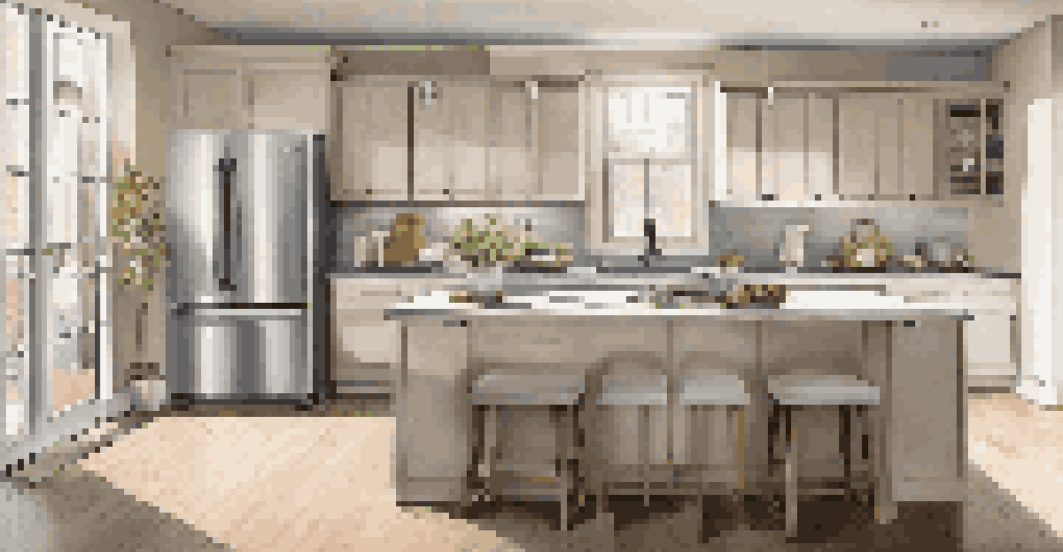 A modern kitchen with energy-efficient appliances, neutral colors, and natural light, creating an inviting atmosphere.