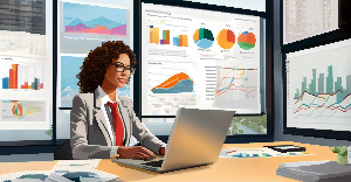 A focused female real estate agent analyzing market trends on her laptop in a modern office with city views.