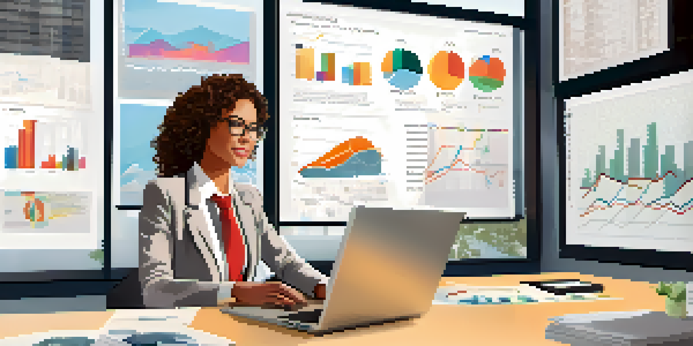 A focused female real estate agent analyzing market trends on her laptop in a modern office with city views.