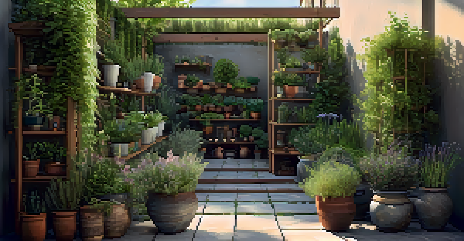 A cozy garden corner with a vertical herb garden and decorative pots, illuminated by sunlight.