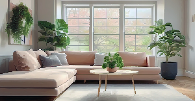 A cozy living room with a sofa, coffee table, and large windows filled with natural light, decorated in pastel colors.