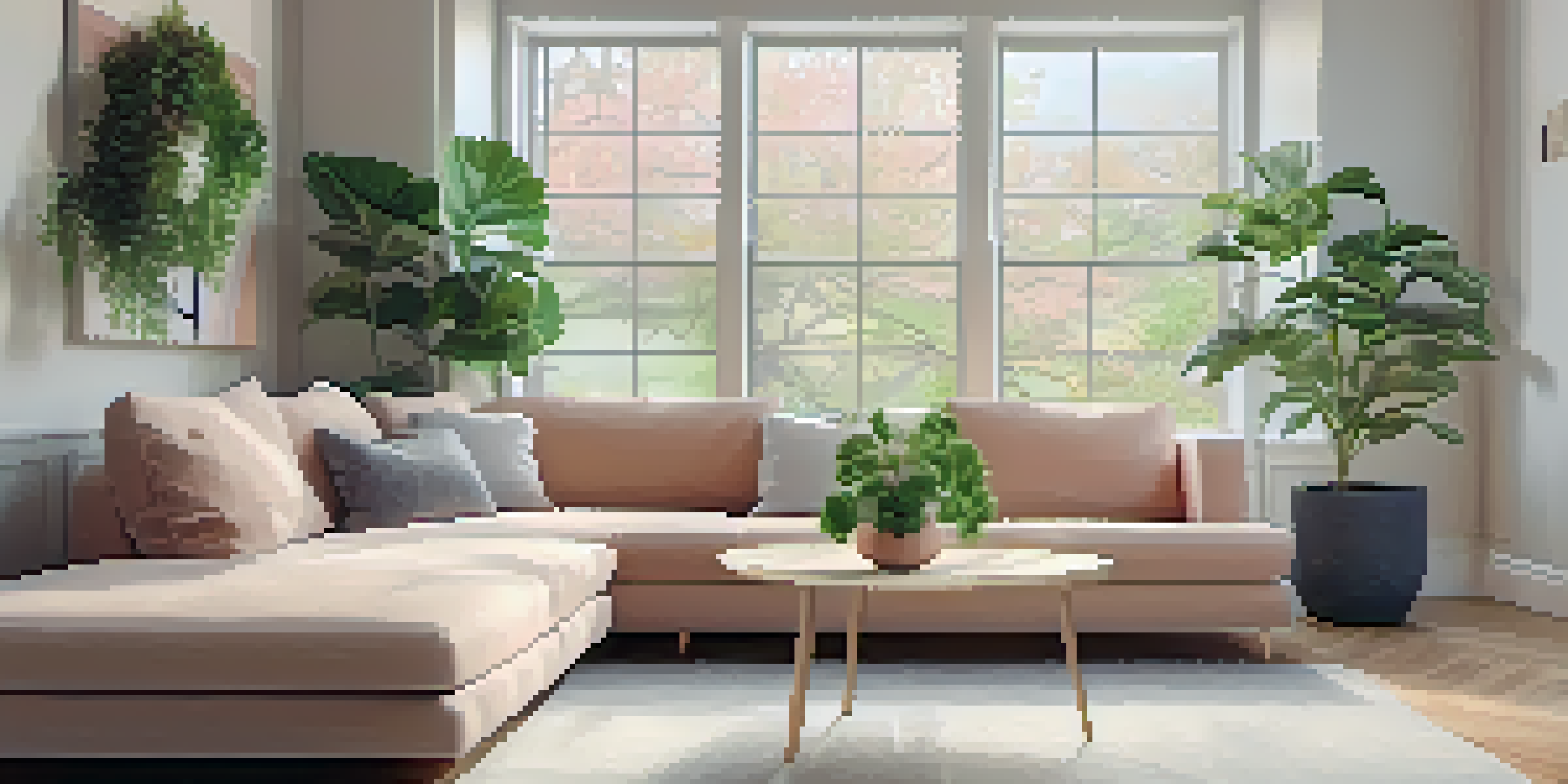 A cozy living room with a sofa, coffee table, and large windows filled with natural light, decorated in pastel colors.
