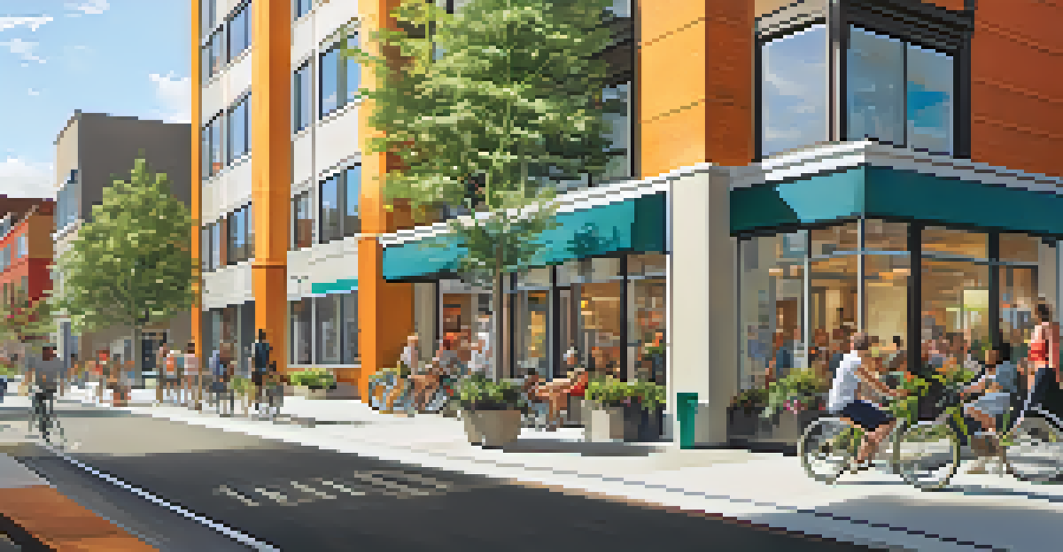 A lively mixed-use urban development with residential buildings, shops, and people enjoying the vibrant atmosphere.