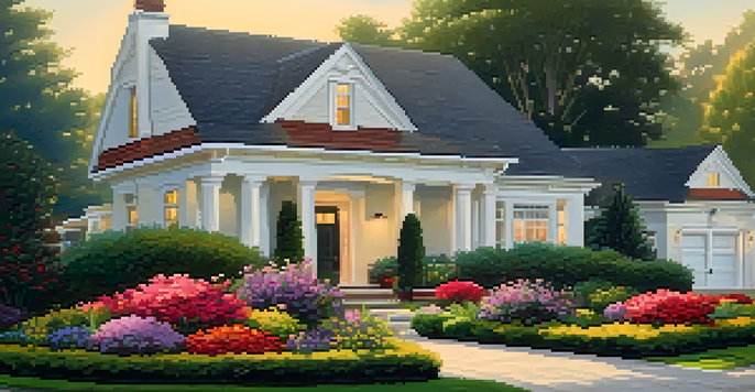 A vibrant front yard with colorful flowers, trimmed hedges, and a welcoming front door in bright sunlight.