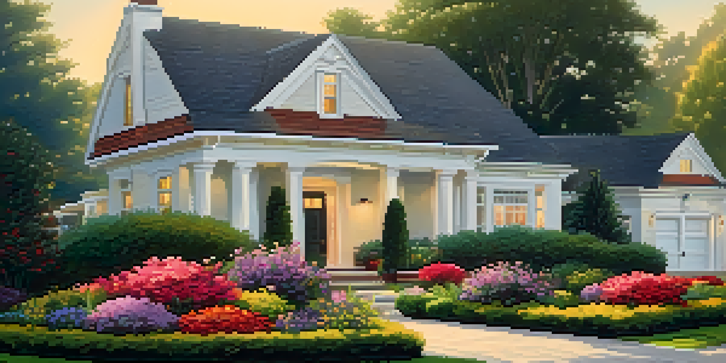 A vibrant front yard with colorful flowers, trimmed hedges, and a welcoming front door in bright sunlight.