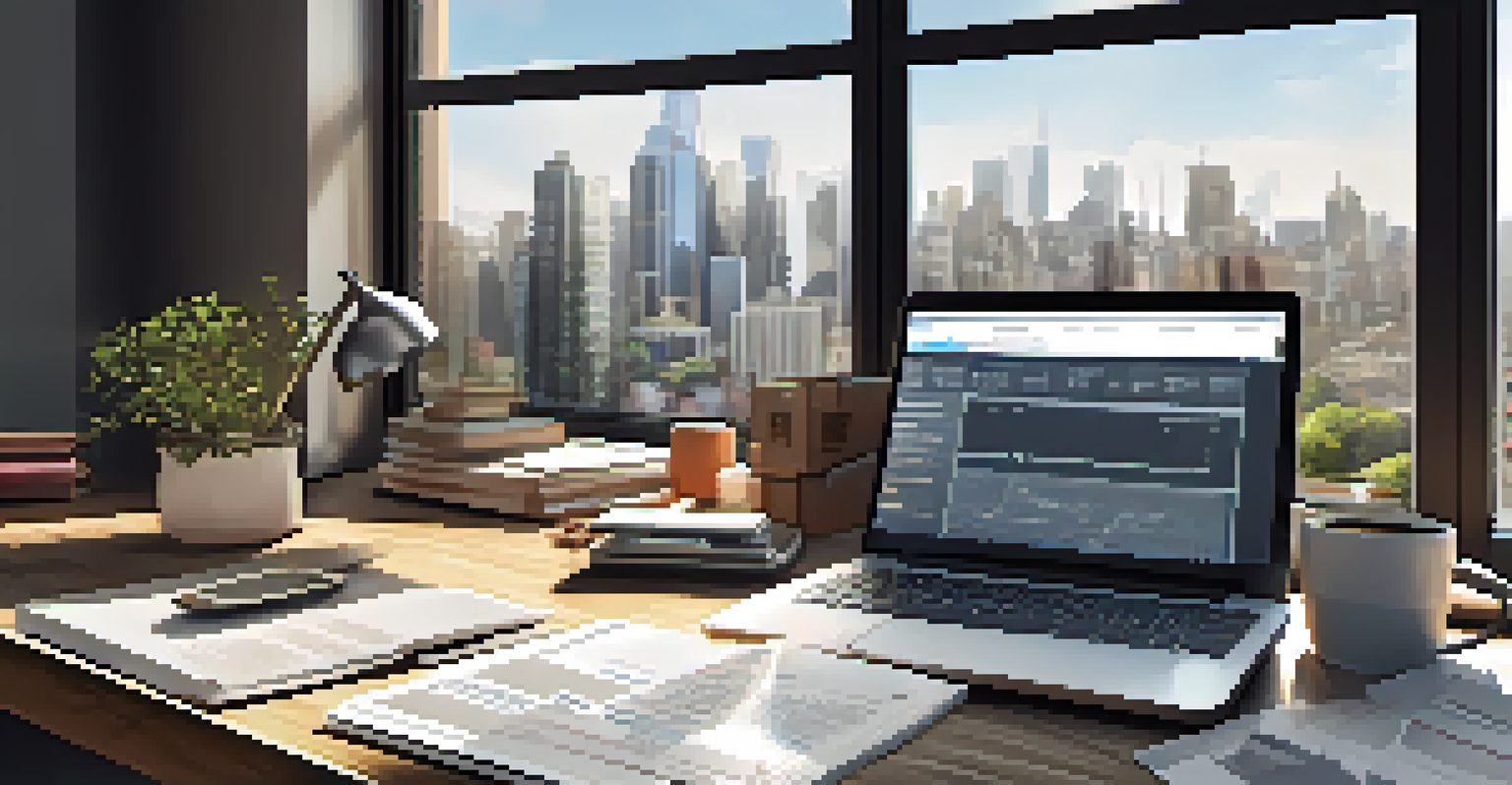 A real estate agent's desk with property listings and a laptop, illuminated by natural light.