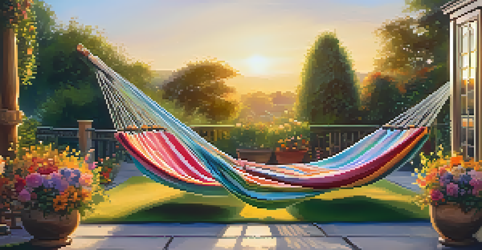 An outdoor seating area with hammocks and poufs surrounded by flowers, featuring people relaxing and enjoying the warm light of the setting sun.