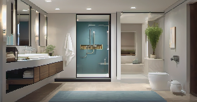 A modern accessible bathroom with a roll-in shower, grab bars, and a wall-mounted sink, featuring bright LED lighting and non-slip flooring.