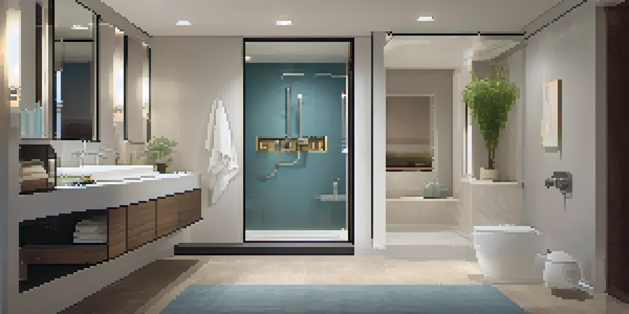 A modern accessible bathroom with a roll-in shower, grab bars, and a wall-mounted sink, featuring bright LED lighting and non-slip flooring.