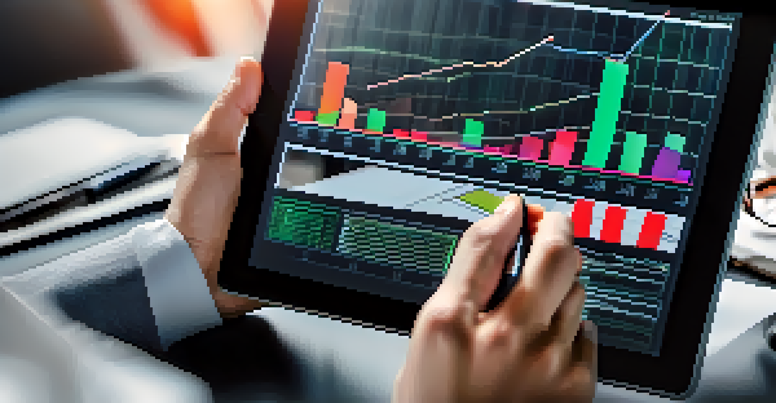 A close-up of hands analyzing financial graphs on a tablet with an office background.