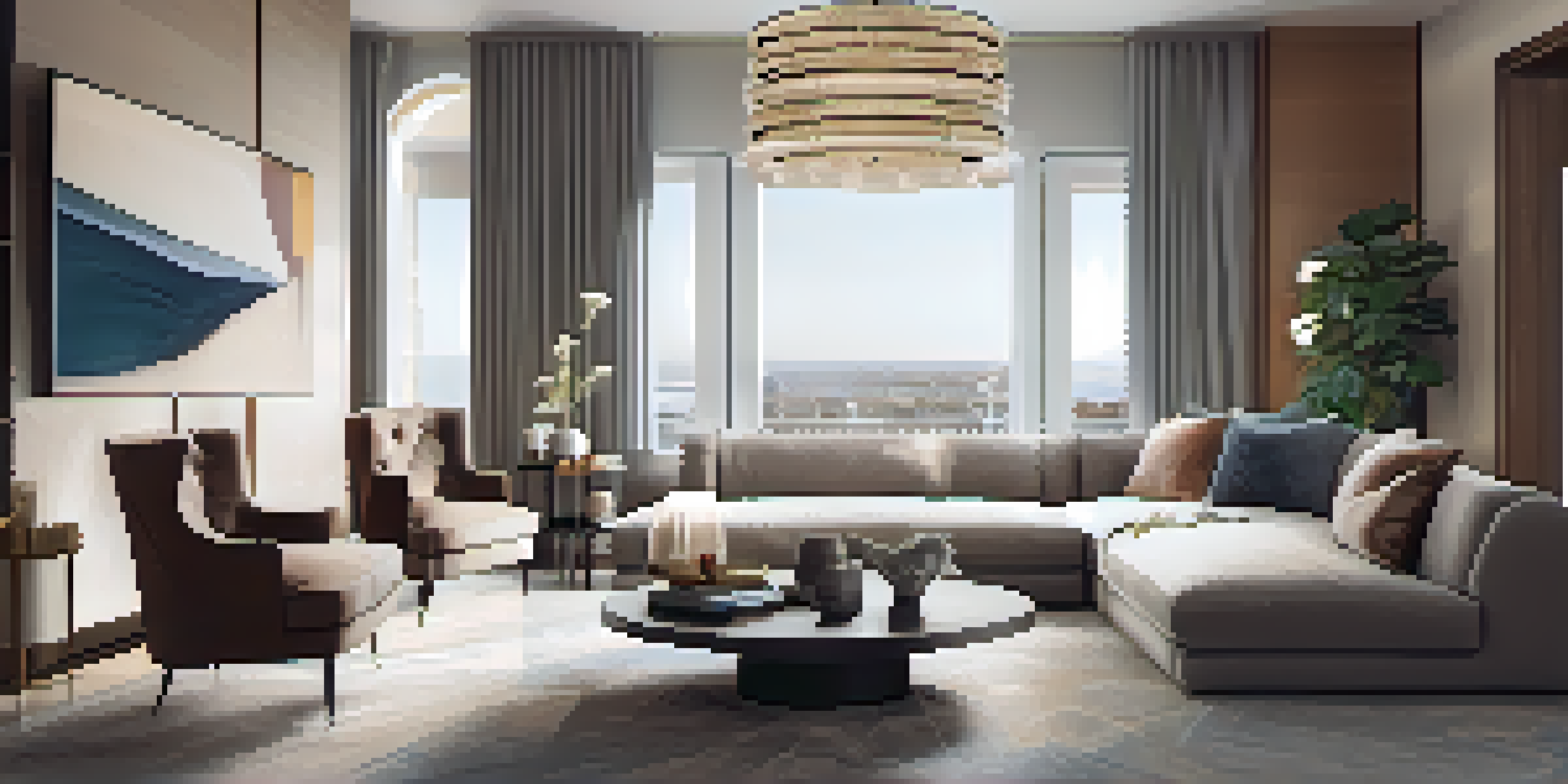 A bright living room with a plush area rug under a sofa and chairs, and a dining area in the background, showcasing a cozy and inviting atmosphere.