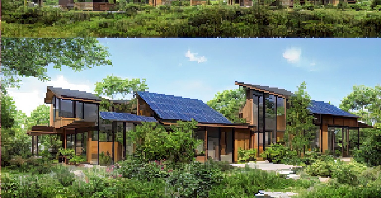 An eco-friendly house with solar panels, a lush garden, and a design featuring natural materials and large windows.
