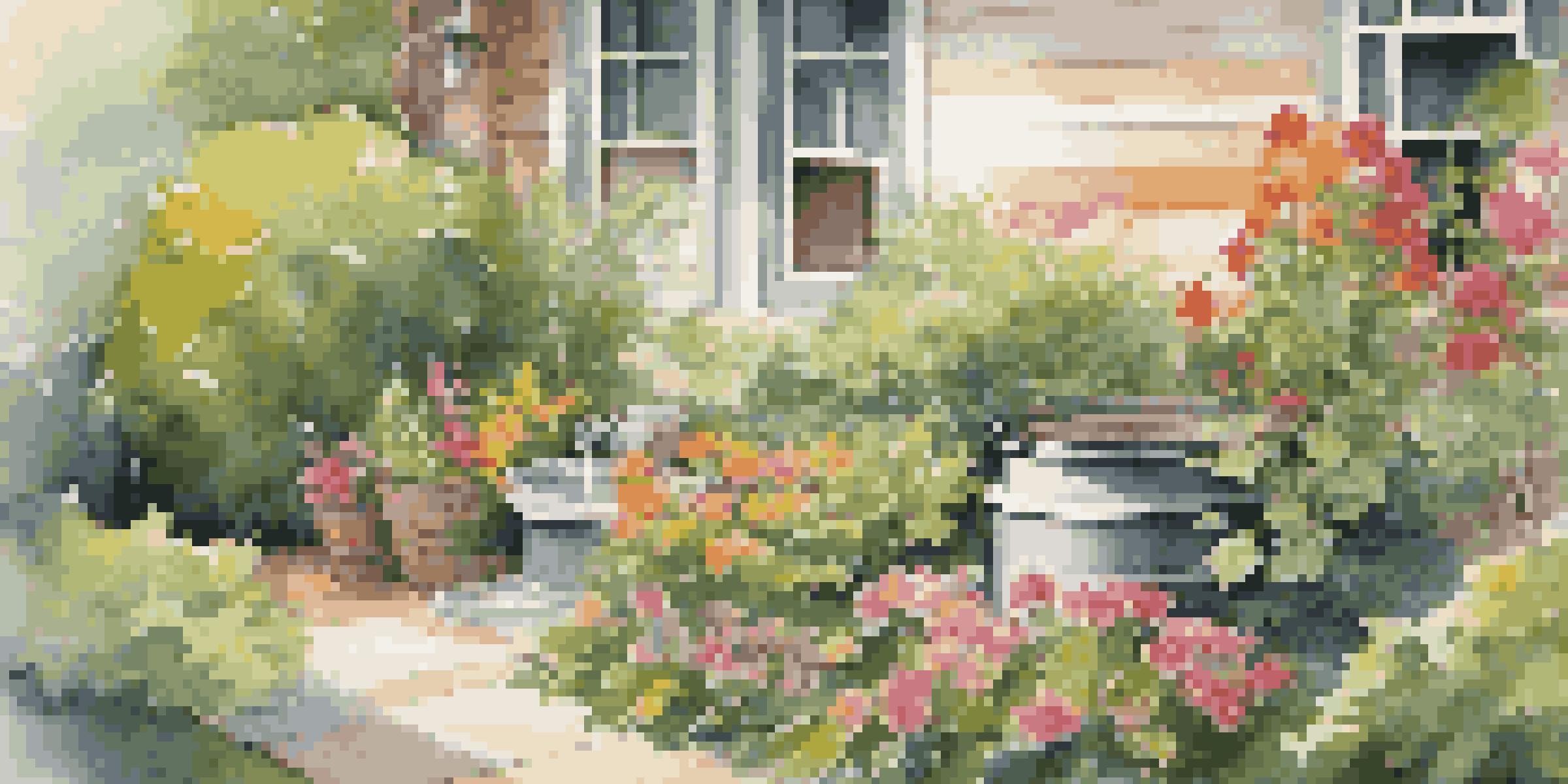 A backyard with a decorative rainwater harvesting barrel surrounded by vibrant flowers and greenery, illuminated by soft sunlight.