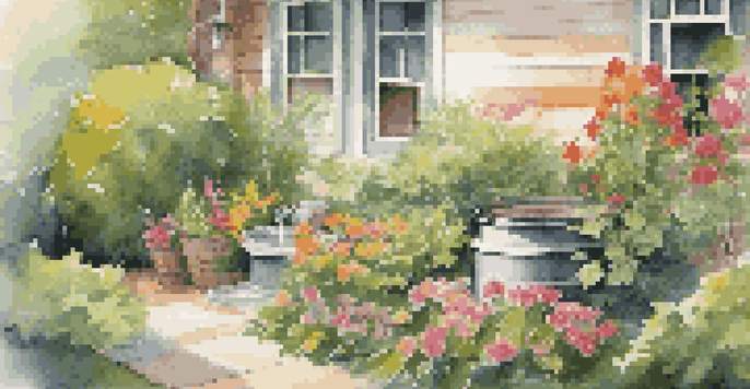 A backyard with a decorative rainwater harvesting barrel surrounded by vibrant flowers and greenery, illuminated by soft sunlight.