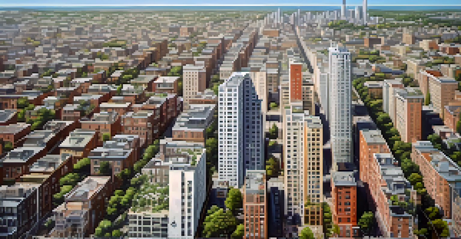 An aerial view of a city showing contrasting areas of gentrification, featuring modern high-rise buildings on one side and older homes with community gardens on the other.