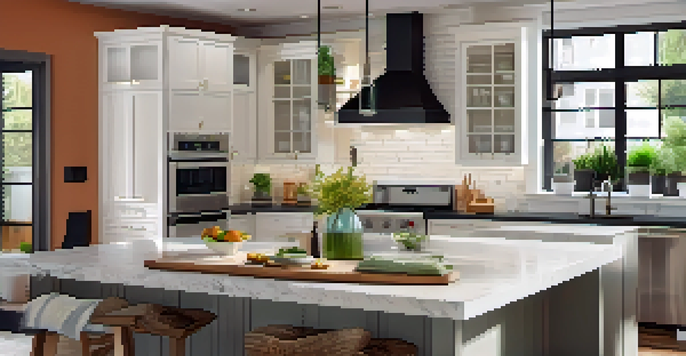 A modern kitchen featuring sleek cabinets and a large island, illuminated by natural light with a stylish backsplash.