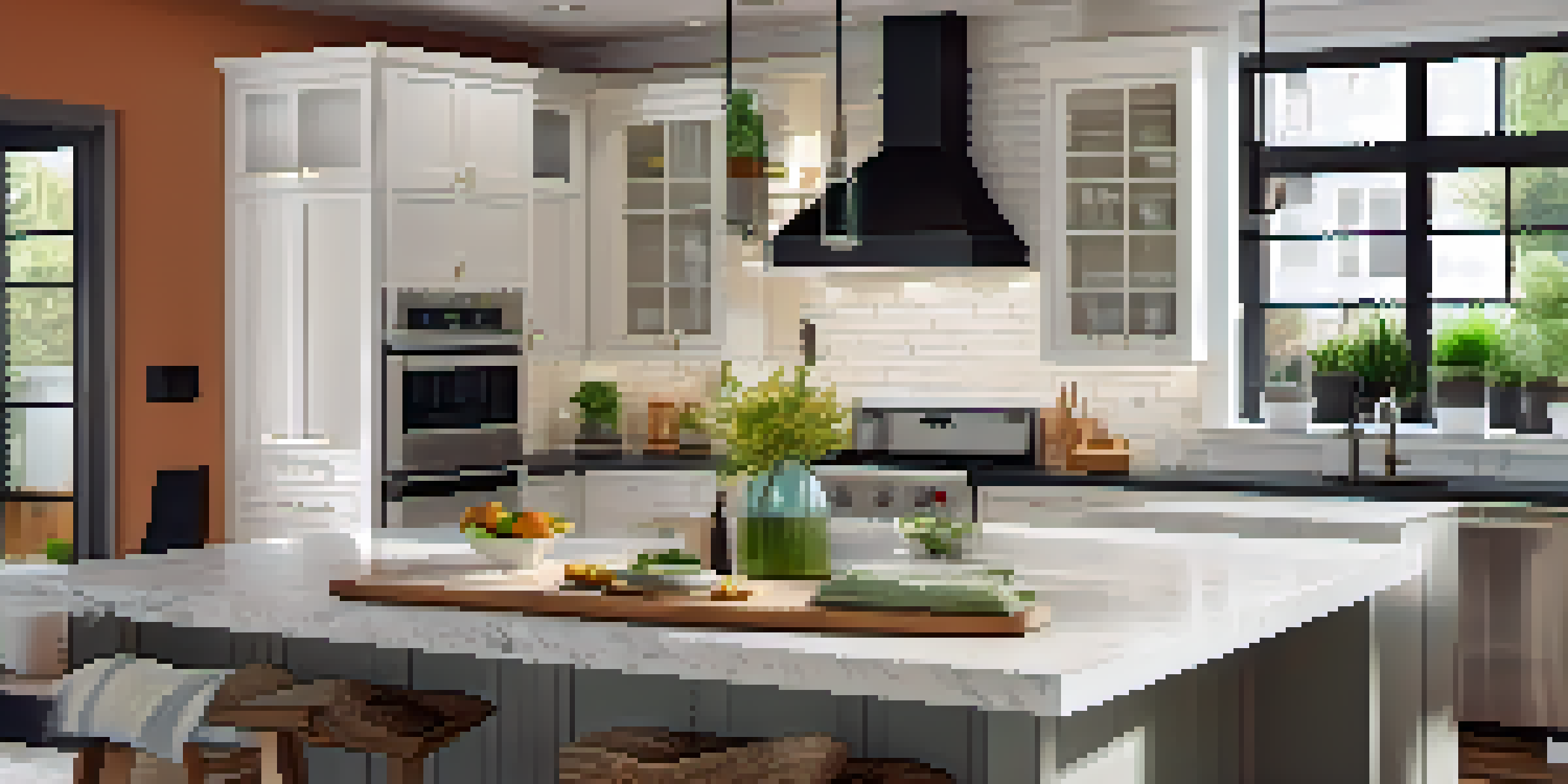 A modern kitchen featuring sleek cabinets and a large island, illuminated by natural light with a stylish backsplash.