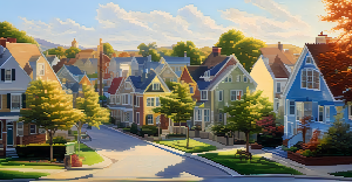 A peaceful residential neighborhood with diverse houses, gardens, and a park, bathed in warm sunlight.