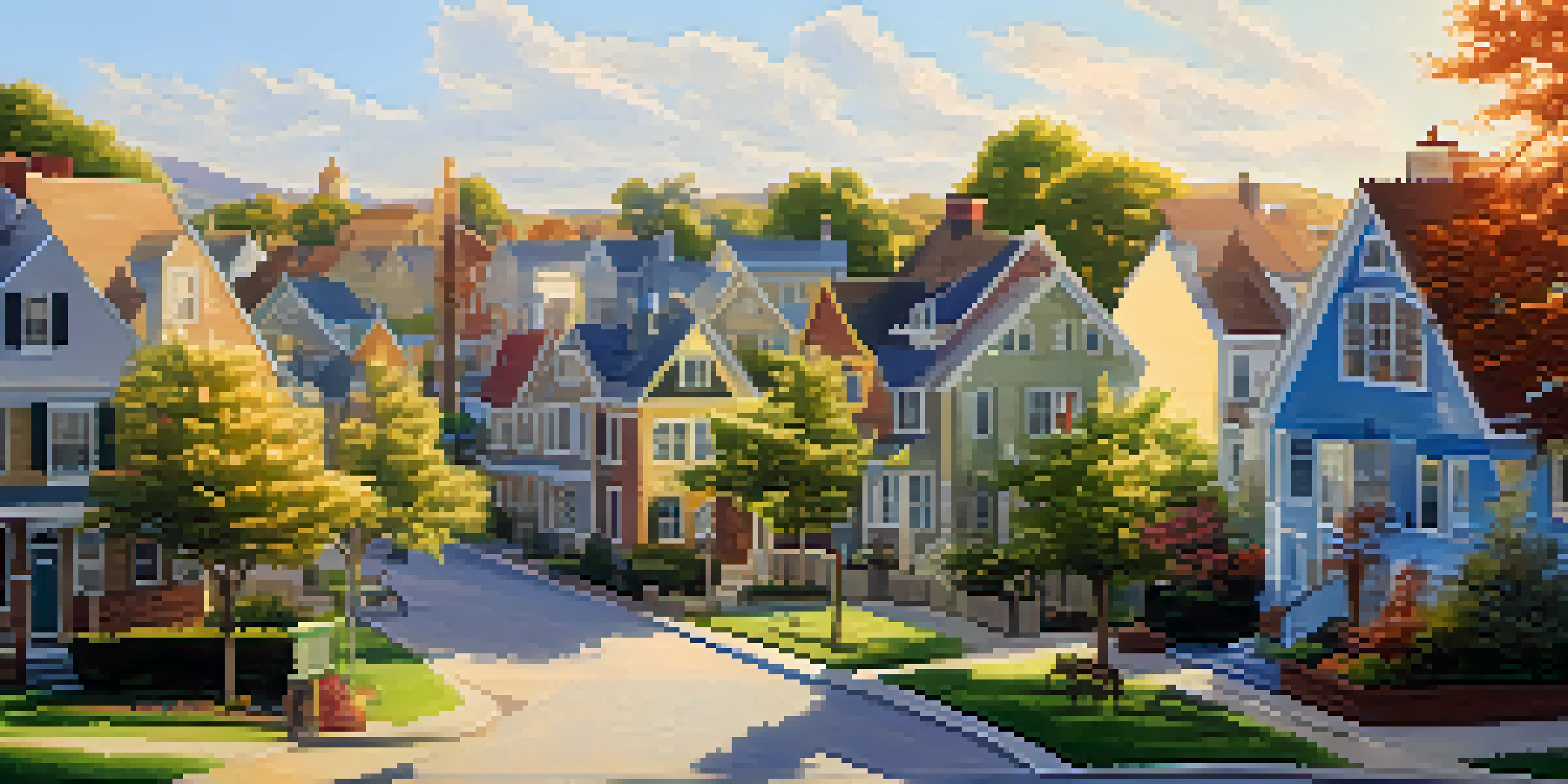 A peaceful residential neighborhood with diverse houses, gardens, and a park, bathed in warm sunlight.