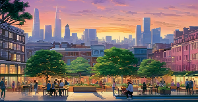 A vibrant city skyline at sunset with sustainable architecture and diverse people in a park.