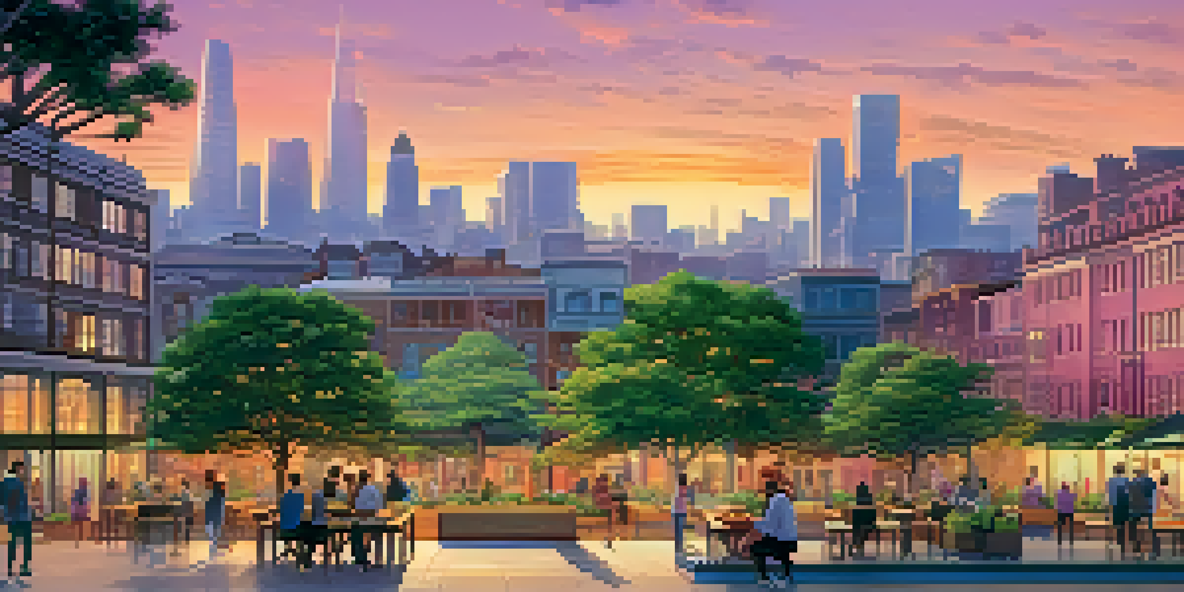 A vibrant city skyline at sunset with sustainable architecture and diverse people in a park.