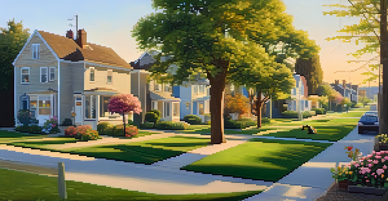 A tranquil urban neighborhood street with similar houses and blooming gardens during the golden hour, with people enjoying the outdoors.