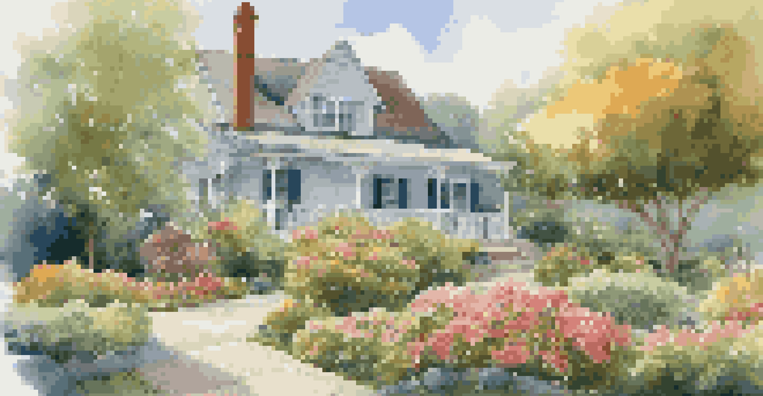 A picturesque garden with colorful flowers and a charming rental property, set under a clear blue sky.